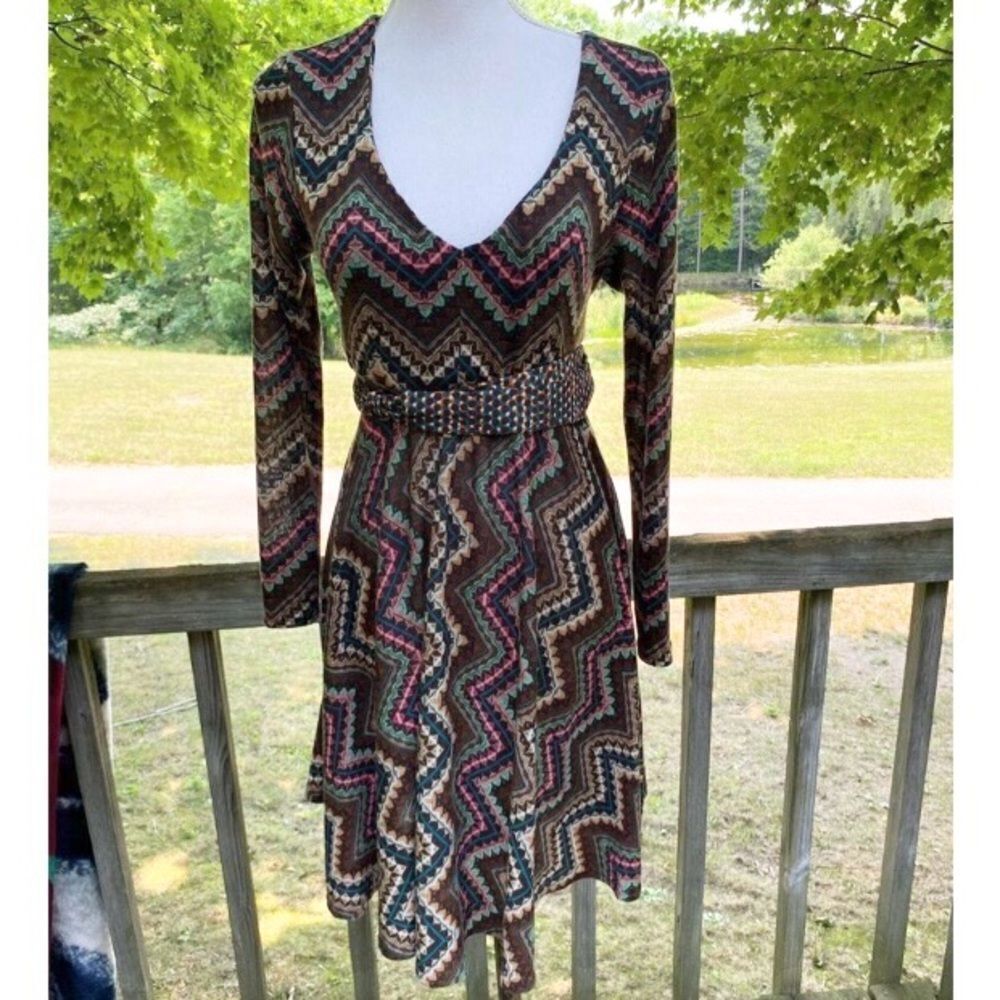 Uncle Frank Women's Multicolor Zig Zag Long Sleeve Ruffle Midi Dress Size Small - Picture 1 of 8